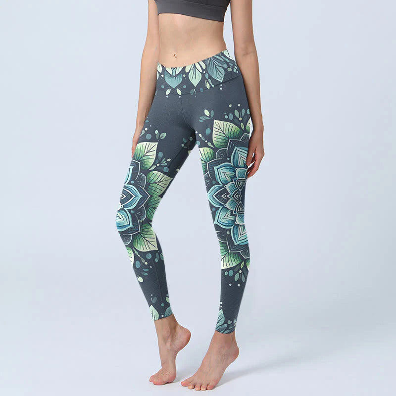 Buddha Stones Symmetrical Om Symbol Flower Pattern Print Gym Leggings Women's Yoga Pants