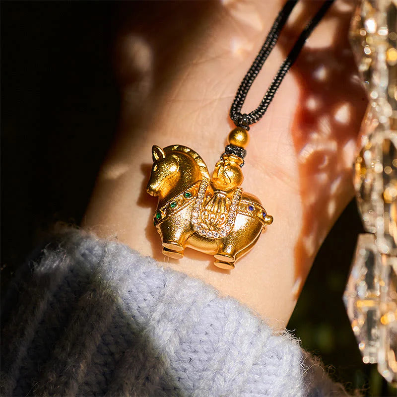 Buddha Stones Year Of The Horse 24k Gold Plated Brass Rope Cord Necklace Pendant