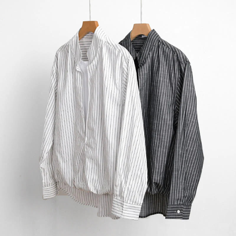 Buddha Stones Fall 2 In 1 Stripes Stand Collar Long Sleeve Men's Cotton Shirt