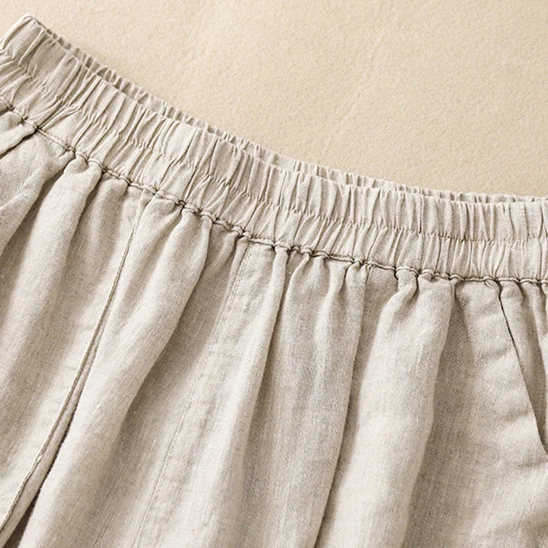 Buddha Stones Summer Casual Plain Cotton Linen Women's Elasti Straight Shorts With Pockets