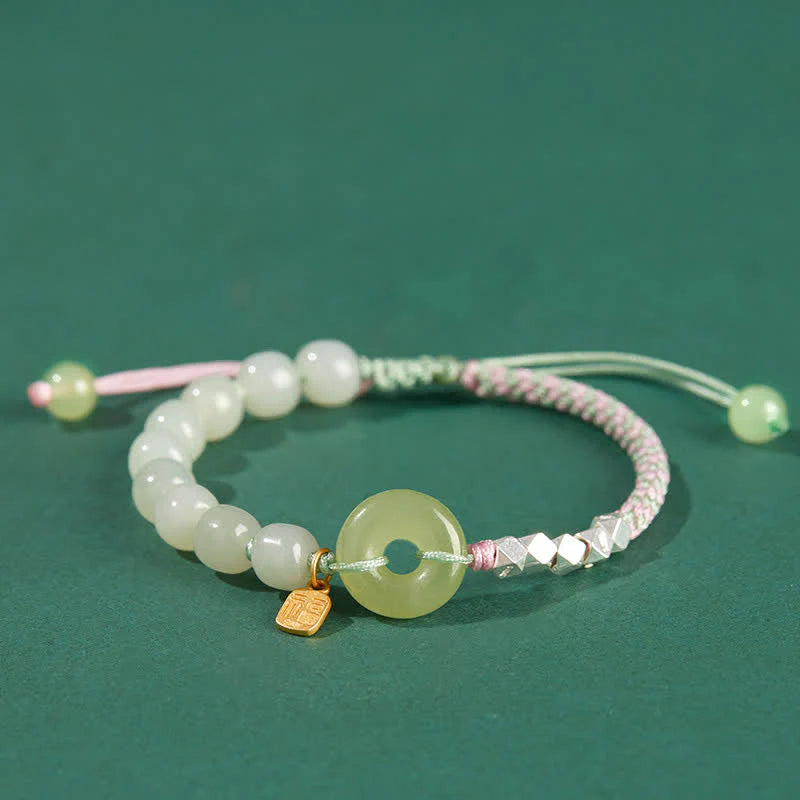 Buddha Stones 925 Sterling Silver Hetian Jade Peace Buckle Beaded Luck Happiness Charm Bracelet