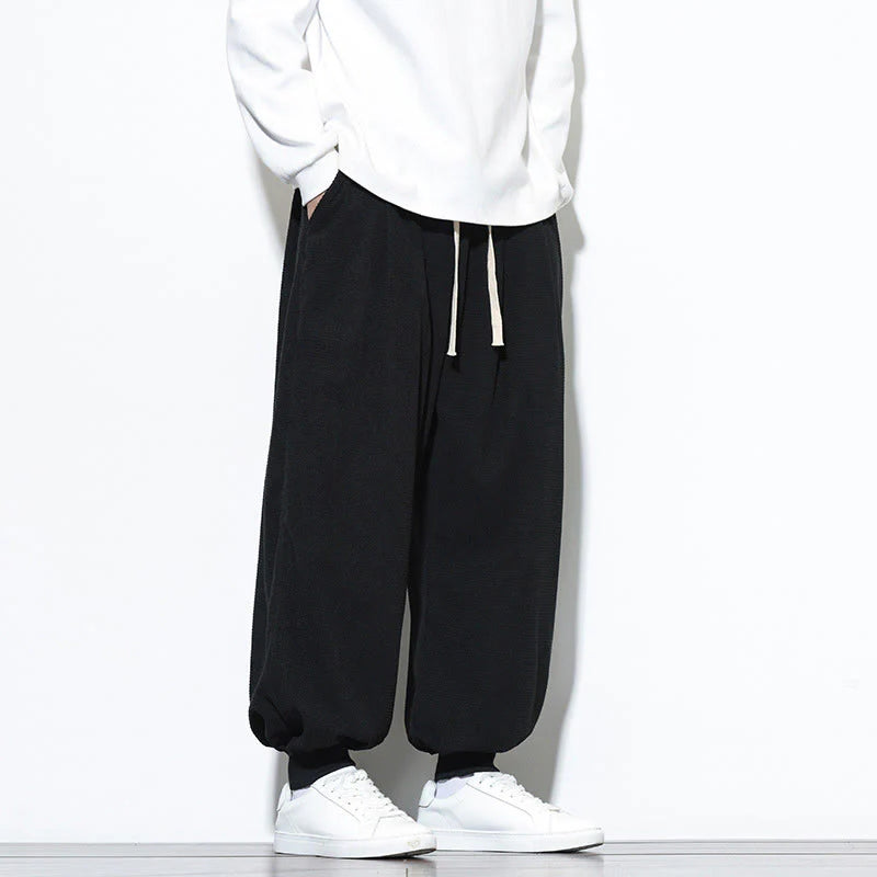 Buddha Stones Fall Plain Drawstring Simple Design Men's Harem Cotton Corduroy Pants With Pockets