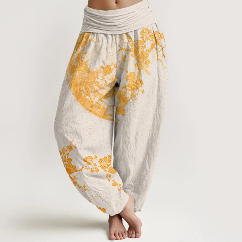 Buddha Stones Cotton Golden Plum Blossom Full Moon Pattern Women's Elastic Waist Harem Pants