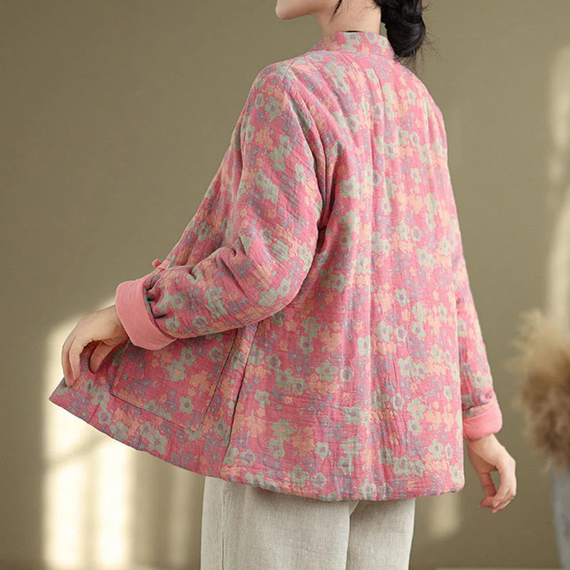 Buddha Stones Women's Winter Thicken Cotton Floral Pattern Long Sleeve Jacket With Pockets