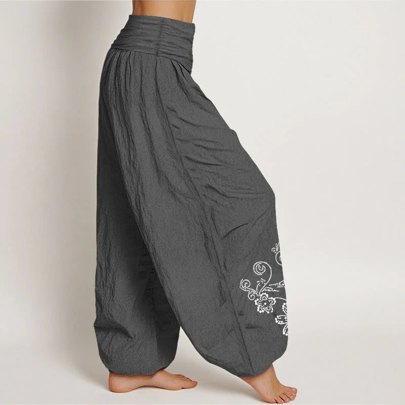 Buddha Stones Pure Cotton Composed Of Dots Vine Flower Pattern Women's Elastic Waist Harem Pants