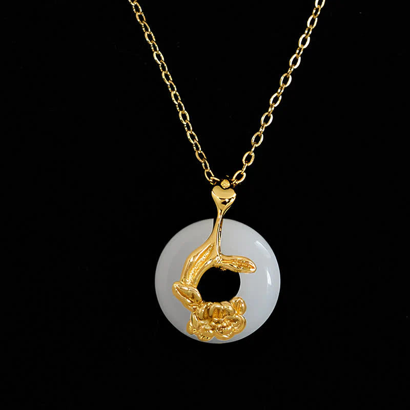 Buddha Stones 925 Sterling Silver Peony Peace Buckle Hetian White Jade Blessing Necklace Pendant