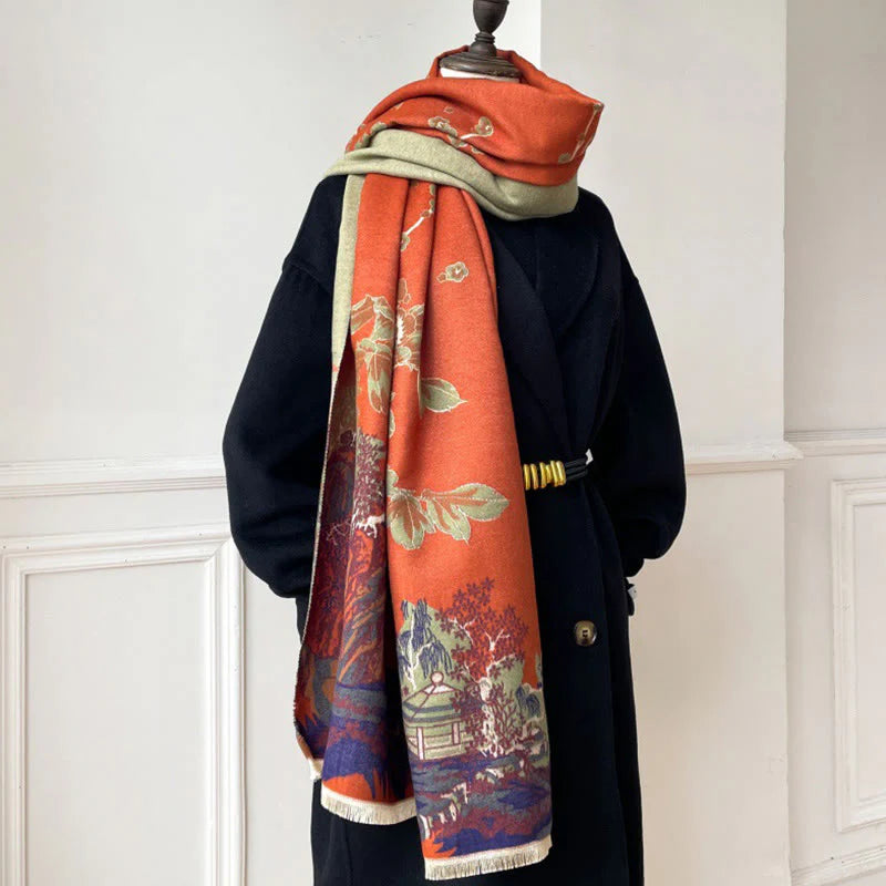 Buddha Stones Fall Flowers Trees Pavilion Pattern Cozy Scarf Shawl