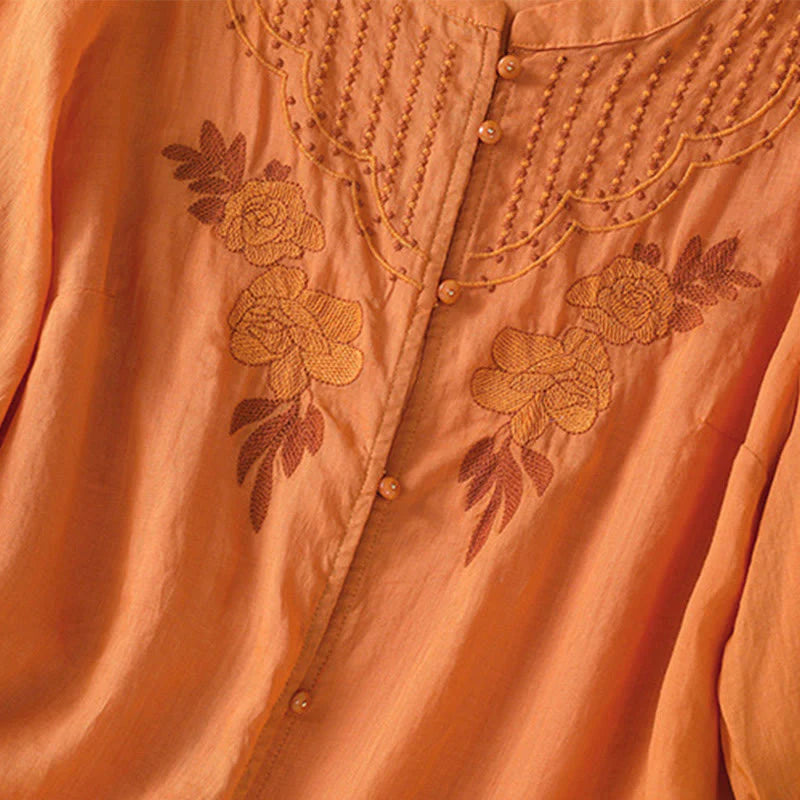 Buddha Stones Rose Floral Embroidery Button Half Sleeve Women's Cotton Shirt