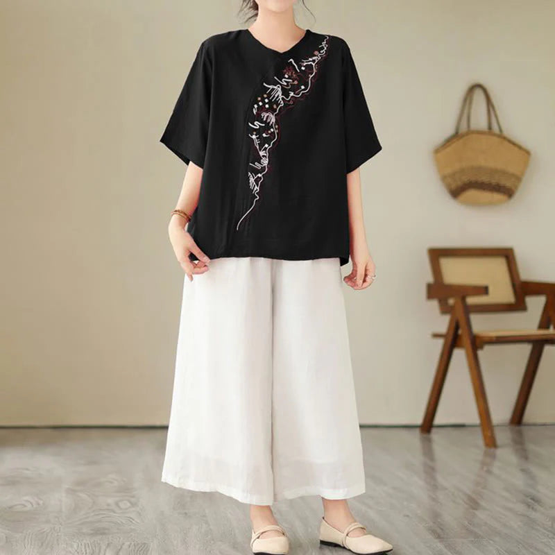 Buddha Stones Ethnic Casual Embroidered Geometry Pattern Women's Crew Neck Design Half Sleeve T-Shirt