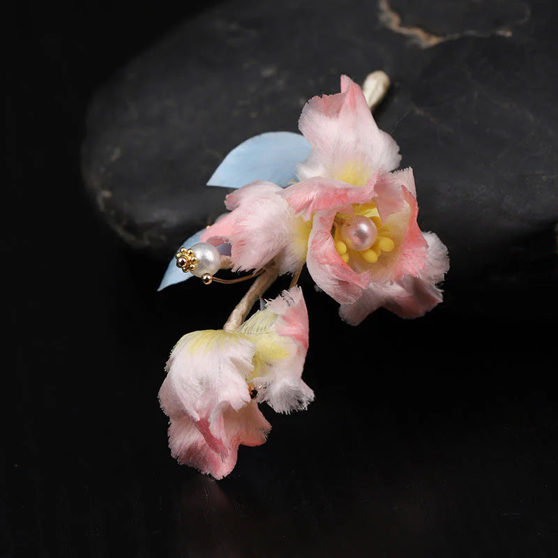 Buddha Stones Handcrafted Silk Art Pink Iris Flower Protection Brooch