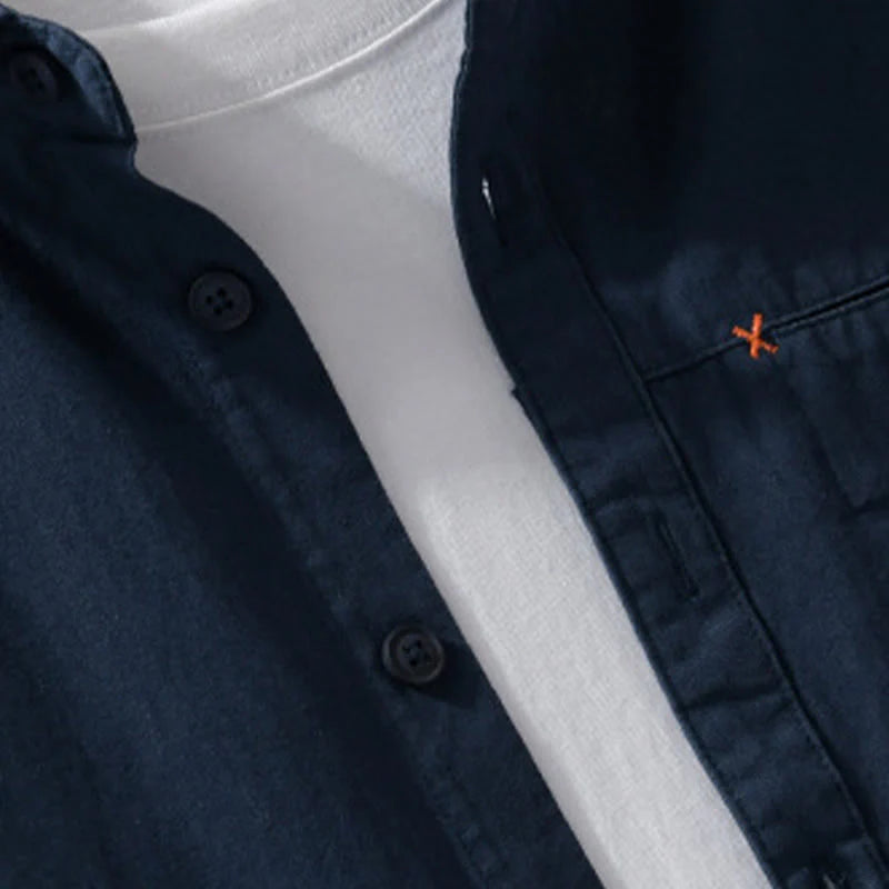 Buddha Stones Spring Solid Buttons Down Decorative Pocket Men's Stand Collar Long Sleeve Cotton Shirt