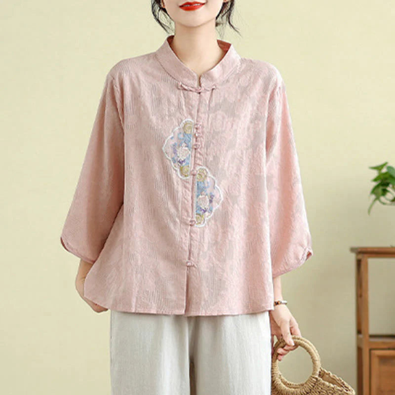 Buddha Stones Flower Embroidery Jacquard Three Quarter Sleeve Frog-Button Cotton Women's Shirt