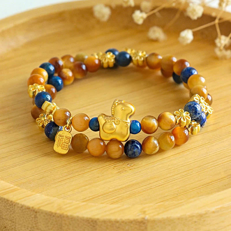 Buddha Stones Year Of The Horse Fu Character Lazurite Lapis Lazuli Tiger Eye Serenity Double Wrap Bracelet