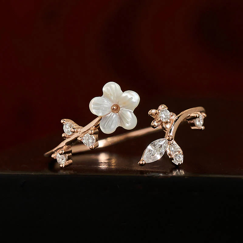Buddha Stones 925 Sterling Silver White Flower Design Adjustable Blessing Ring