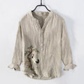 Buddha Stones Cranes Pine Tree Pattern Half Buttons Cotton Linen Men's Long Sleeve Shirt