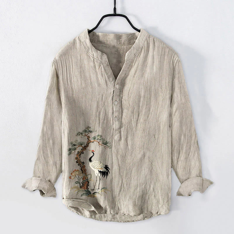 Buddha Stones Cranes Pine Tree Pattern Half Buttons Cotton Linen Men's Long Sleeve Shirt