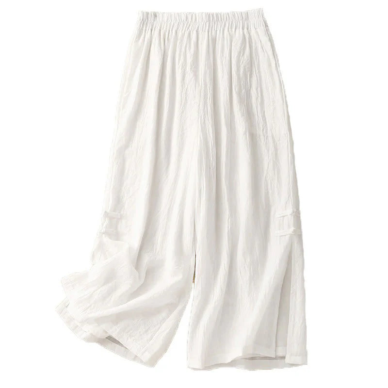 Buddha Stones Frog-Button Hem Slit Design Women's Wide Leg Cotton Linen Pants With Pockets