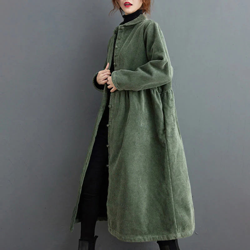Buddha Stones Plain Buttons Long Sleeve Women's Cotton Corduroy Fleece-Lined Coat With Pockets