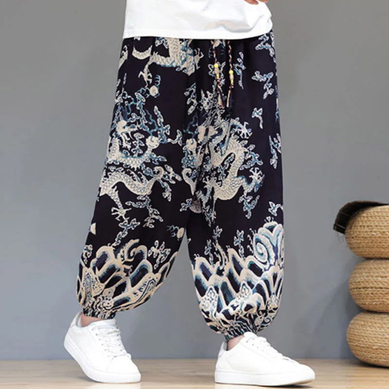 Buddha Stones Summer Dragon Drawstring Design Cotton Linen Men's Harem Pants With Pockets