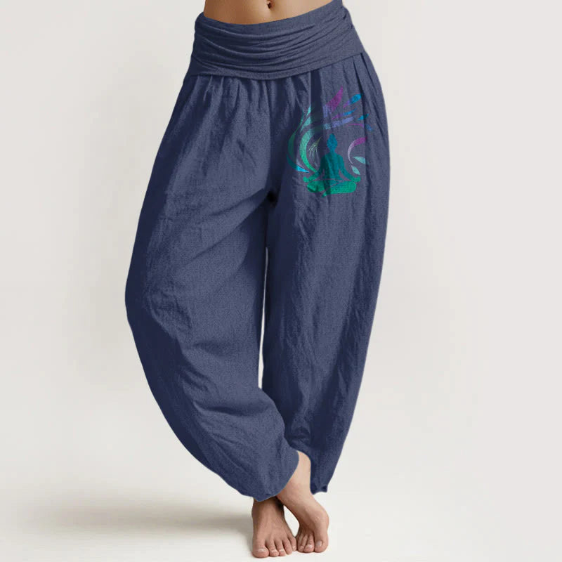 Buddha Stones Pure Cotton Simple Composition Human Figure Pattern Women's Elastic Waist Harem Pants