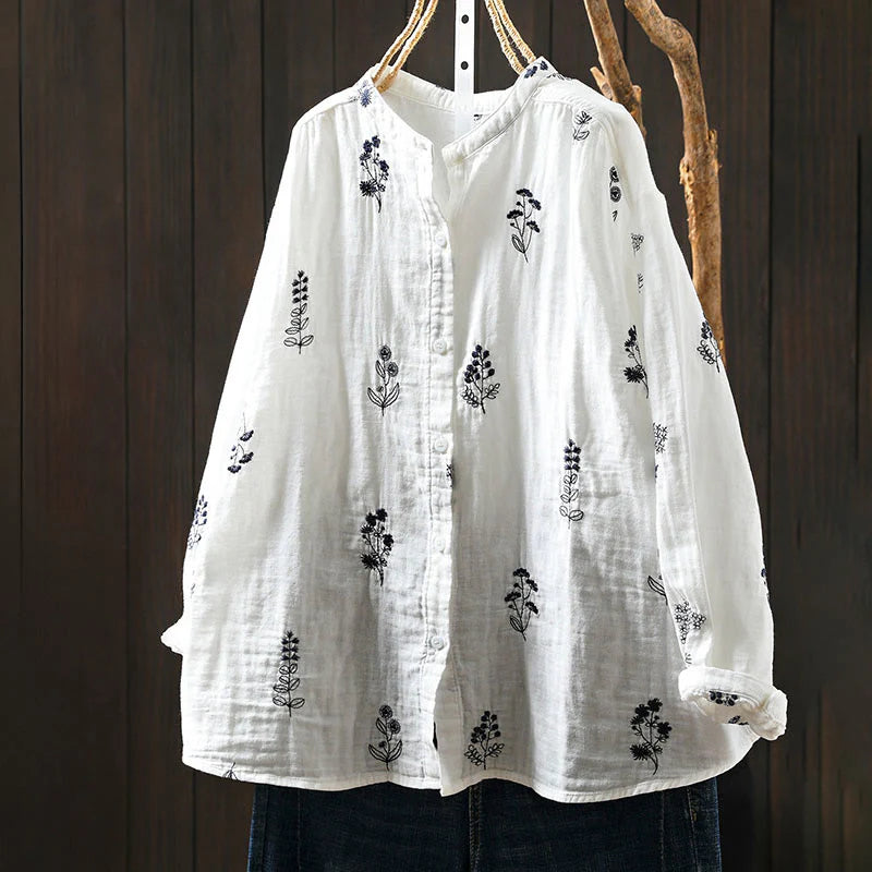 Buddha Stones Floral Embroidery Buttons Down Long Sleeve Women's Cotton Shirt