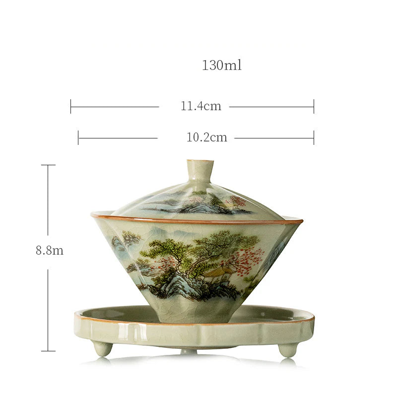 Buddha Stones Pine Mountain Forest Landscape Ceramic Gaiwan Sancai Teacup Kung Fu Tea Cup And Saucer With Lid (Extra 35% Off | USE CODE: FS35)