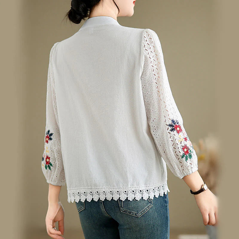 Buddha Stones Fall Lace Embroidery Flower Leaf Pattern Stand Collar Buttons Women's Long Sleeve Shirt