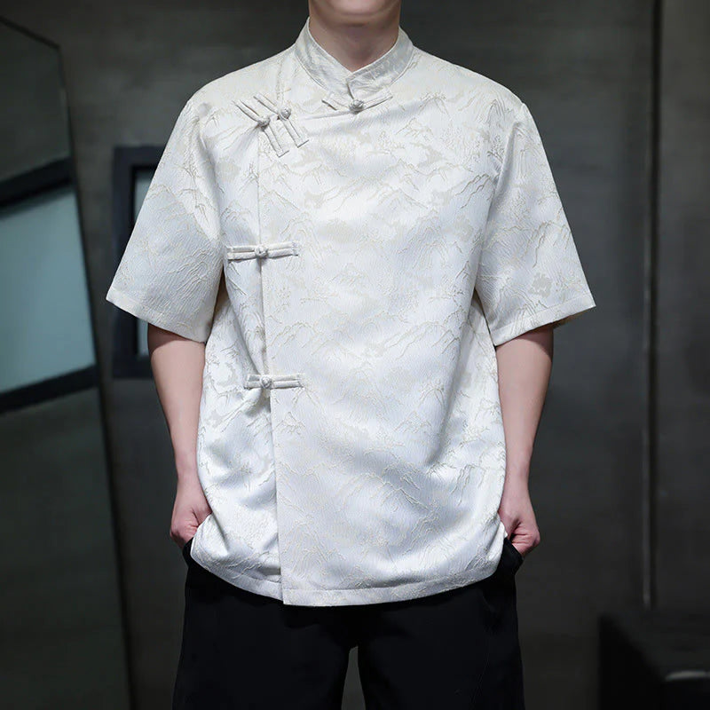 Buddha Stones Summer Mountain Pattern Jacquard Chinese Frog-Button Cotton Short Sleeve Men's Shirt