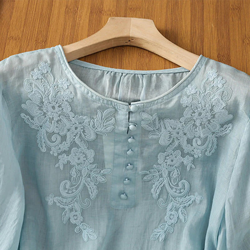 Buddha Stones Flower Vines Embroidery Button Crew Neck Three Quarter Sleeve Women's Cotton Shirt