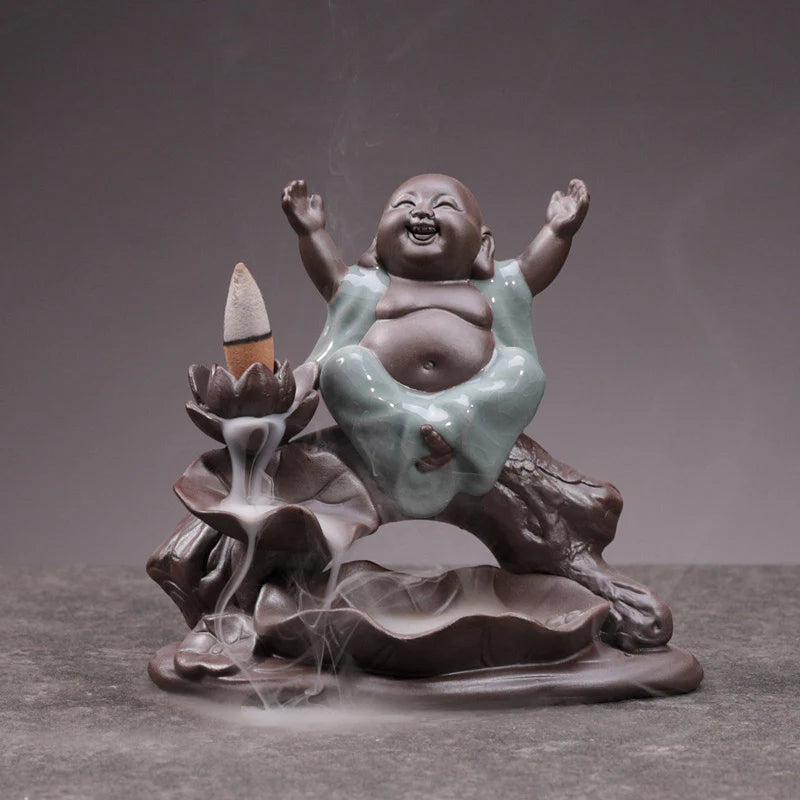 Buddha Stones Little Monk Ceramic Lotus Blessing Incense Burner Decoration