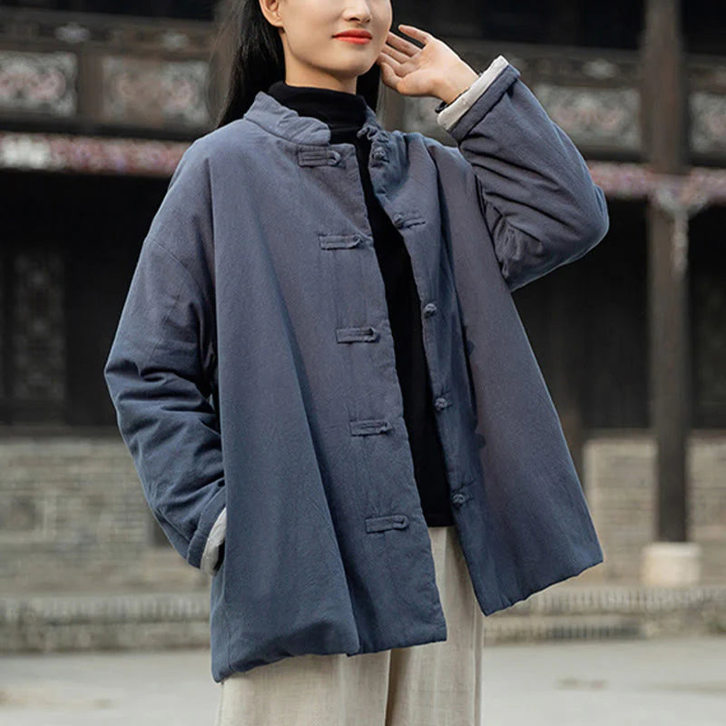 Buddha Stones Winter Solid Frog-Button Long Sleeve Cotton Women's Thermal Jacket With Pockets