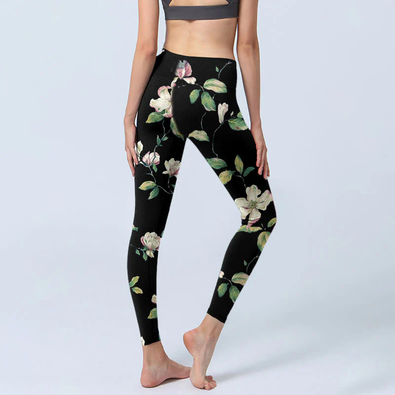 Buddha Stones Magnolia Flower Pattern Print Gym Leggings Women's Yoga Pants