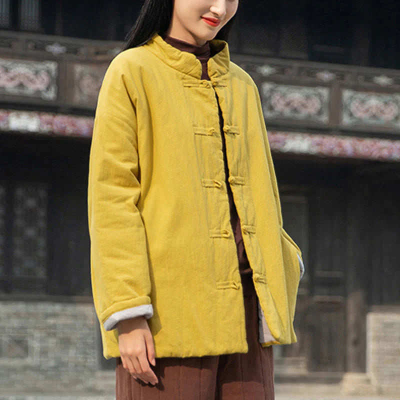 Buddha Stones Winter Solid Frog-Button Long Sleeve Cotton Women's Thermal Jacket With Pockets