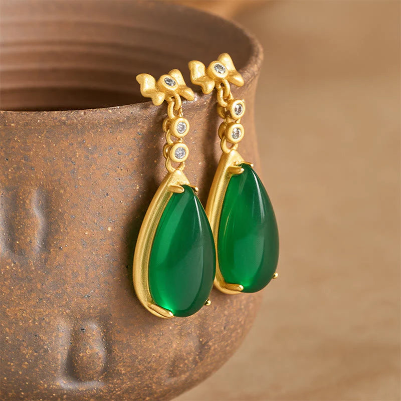 Buddha Stones Waterdrop Design Green Jasper Copper Plated Gold Balance Earrings