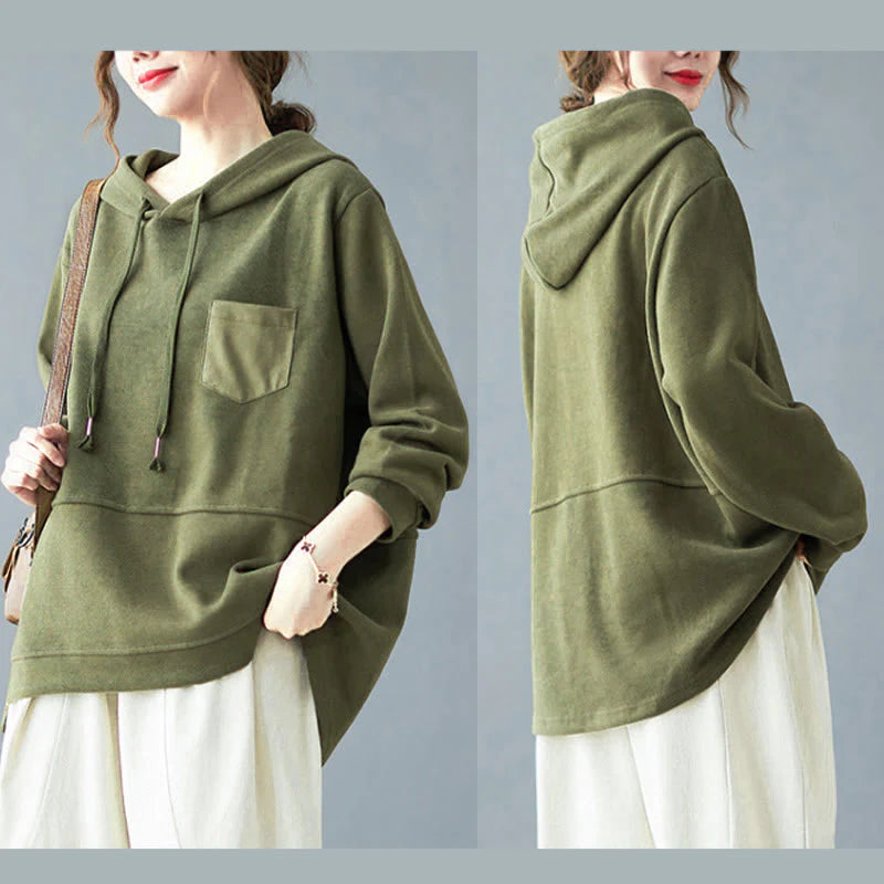 Buddha Stones Fall Solid Color Decorative Pocket Cotton Long Sleeve Women's Hoodie