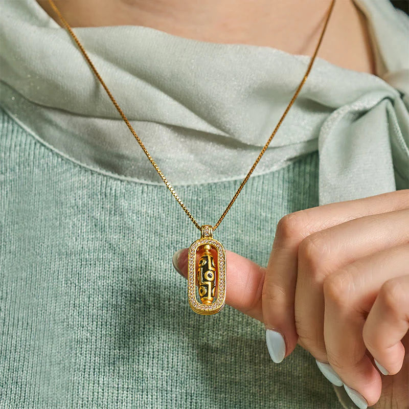 Buddha Stones 24k Gold Plated Brass Nine-eye Dzi Bead Auspicious Pattern Wealth Pendant Necklace