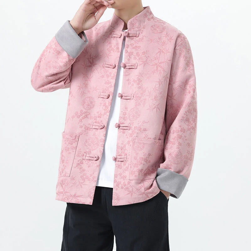 Buddha Stones Fall Jacquard Bamboo Frog-button Long Sleeve Men's Cotton Jacket With Pockets