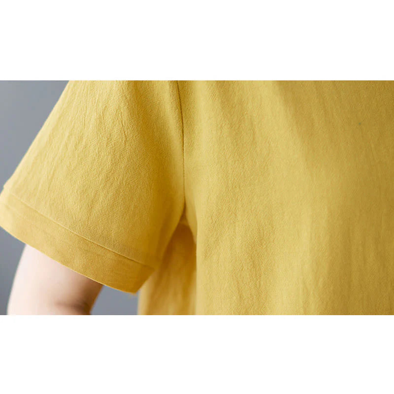 Buddha Stones Side Slit Design Women's Cotton Linen Crew Neck Short Sleeve T-Shirt Wtih Pocket