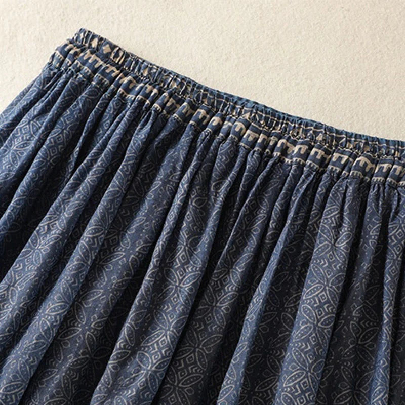 Buddha Stones Vintage Ethnic Floral Pattern Lined Drawstring Women's Skirt With Pockets