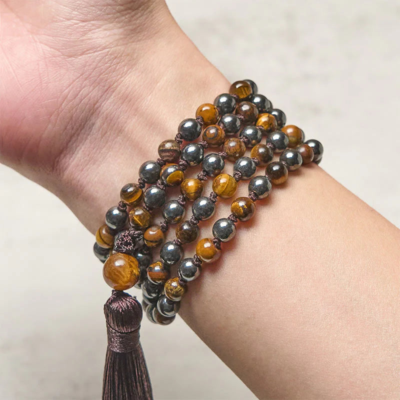Buddha Stones 108 Beads Tiger Eye Hematite Tassel Courage Strength Mala