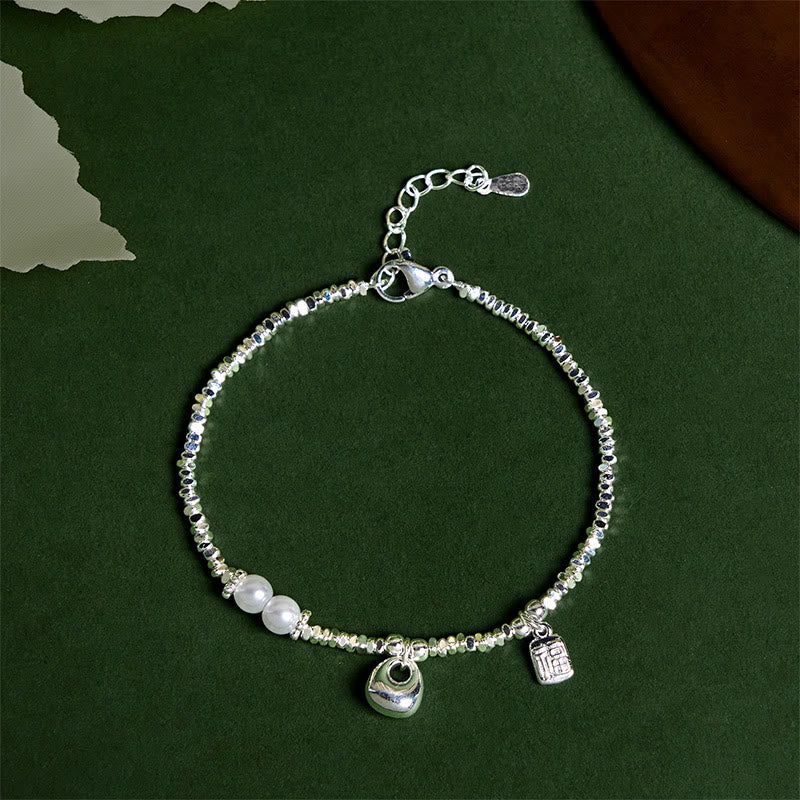Buddha Stones Copper Plated Silver Fu Character Purse Pearl Blessing Bracelet