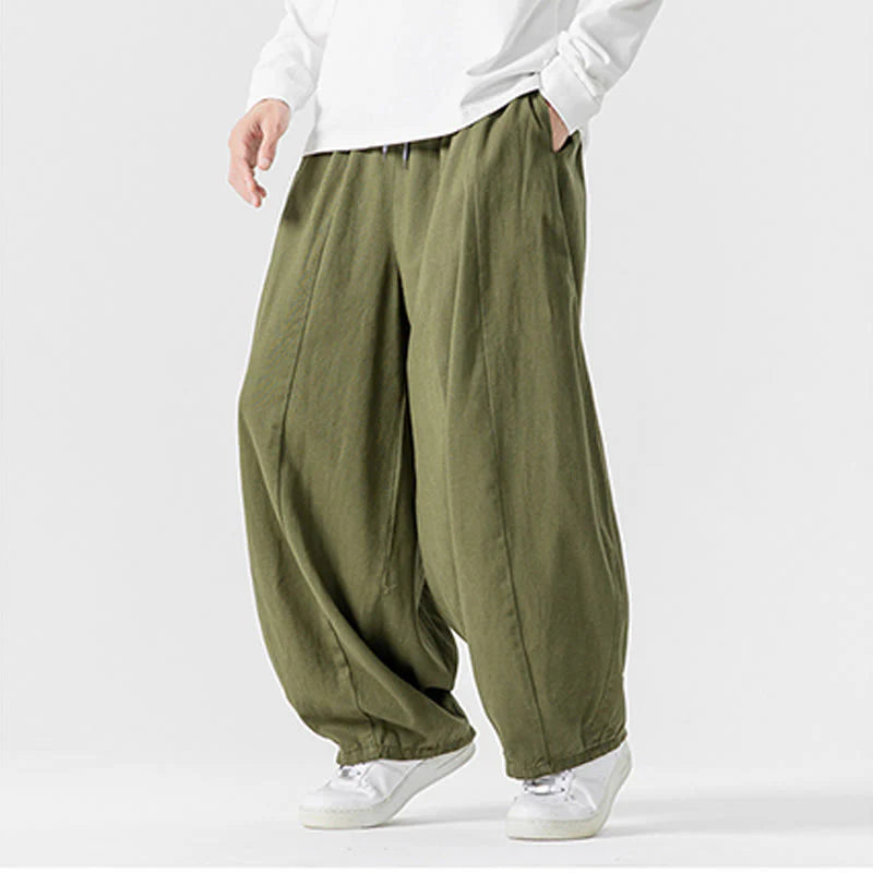 Buddha Stones Winter Commute Plain Drawstring Design Men's Wide Leg Cotton Pants With Pockets