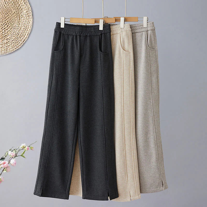Buddha Stones Plain Color Blocking Cotton Thick Casual Women's Pants With Pockets