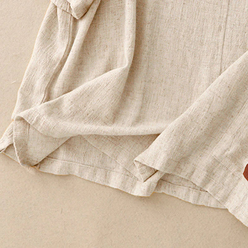 Buddha Stones Colorblock Side Slit  Frog-Button Cotton Linen Half Sleeve Women's Shirt With Pockets
