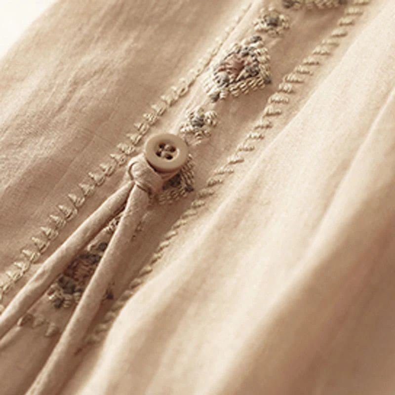 Buddha Stones Ethnic Vintage Embroidery Button Design Women's Cotton Linen 7-8 Length Skirt