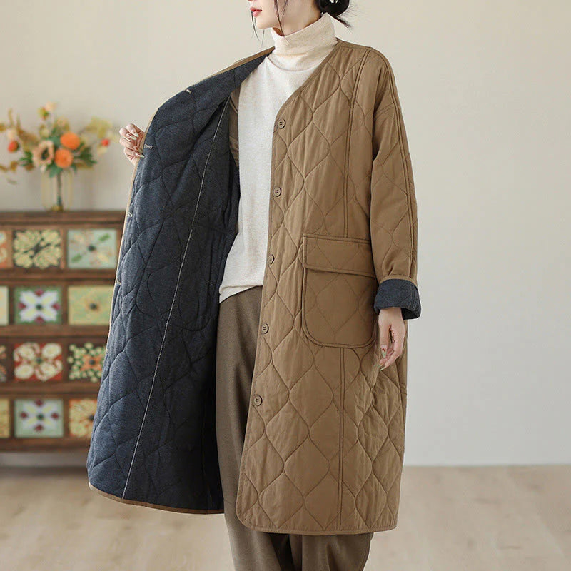 Buddha Stones Plain Buttons Women's Cotton Padded Coat With Pockets