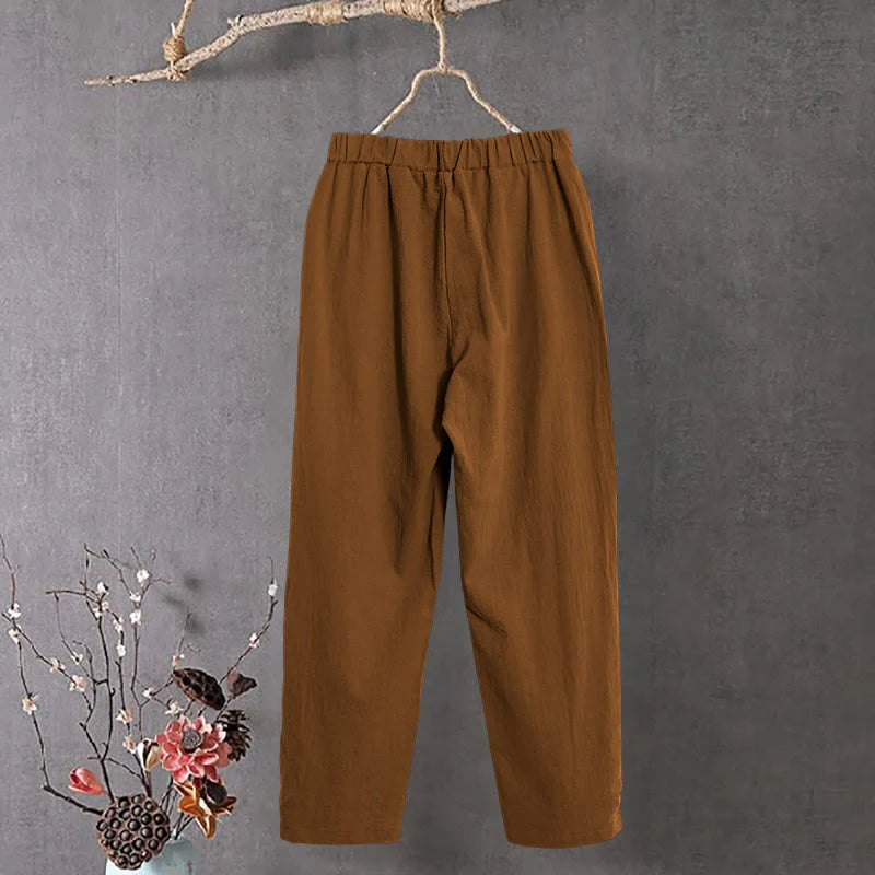 Buddha Stones Casual Pure Color Hollow Button Cuff Design Women's Cotton Linen Pants With Pockets
