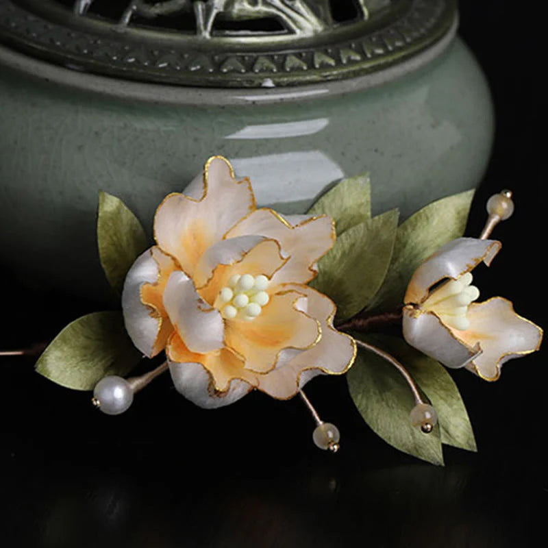Buddha Stones Handcrafted Silk Art Golden Peony Flower Good Fortune Brooch