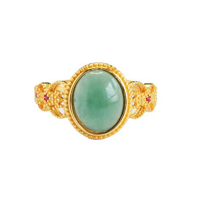 Buddha Stones Natural 925 Sterling Silver Plated Gold Hollow Design Jade Luck Ring