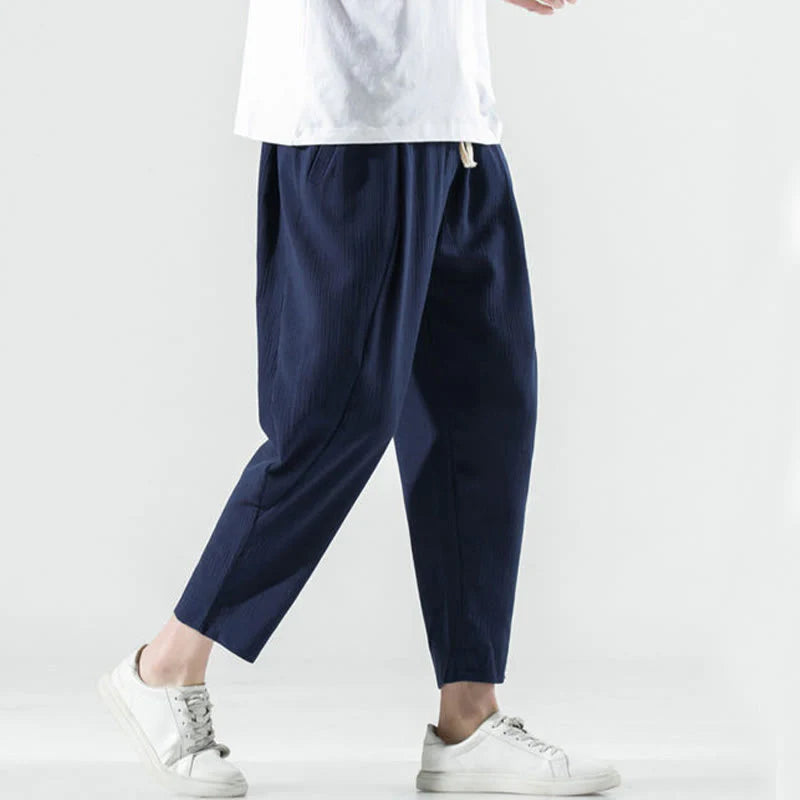 Buddha Stones Casual Plain Pleated Design Drawstring Men's Long Cotton Linen Harem Pants With Pockets